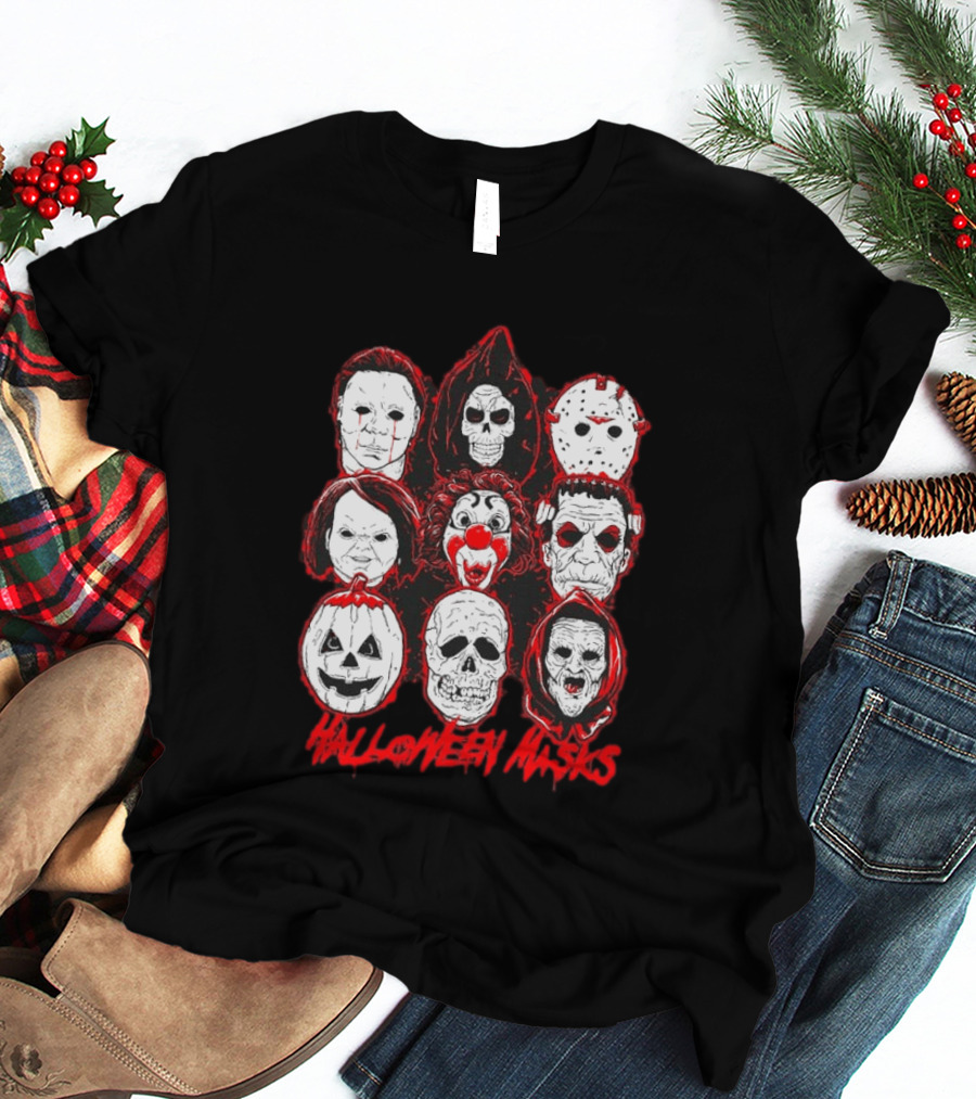 Horror Movie Characters Halloween Masks Skeleton Clown Jack O' Lantern T-Shirt