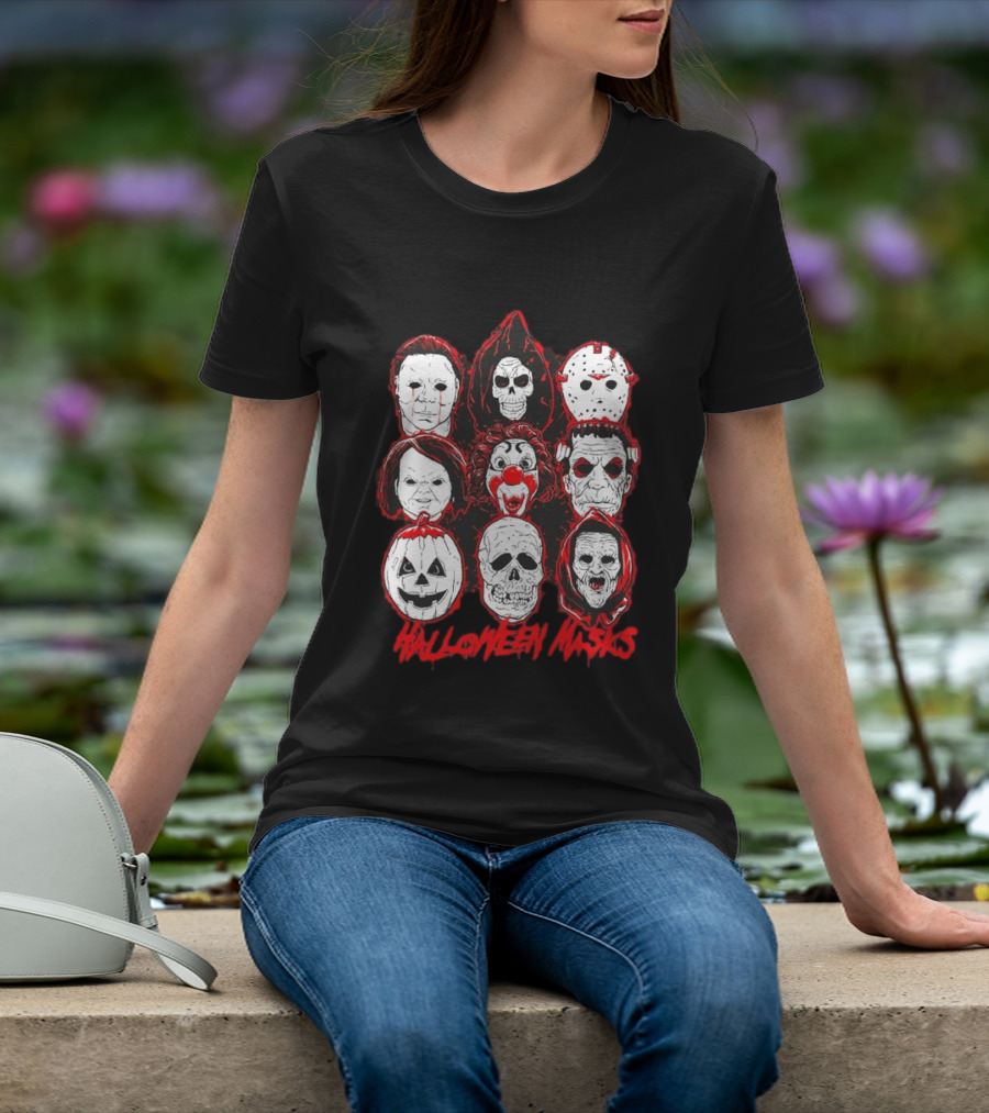 Horror Movie Characters Halloween Masks Skeleton Clown Jack O' Lantern T-Shirt