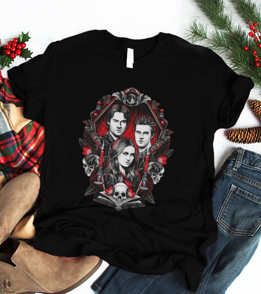 Vampire Blood The Vampire Diaries Damon Salvatore Stefan Salvatore Elena Gilbert Skull Candle Ravens T-Shirt