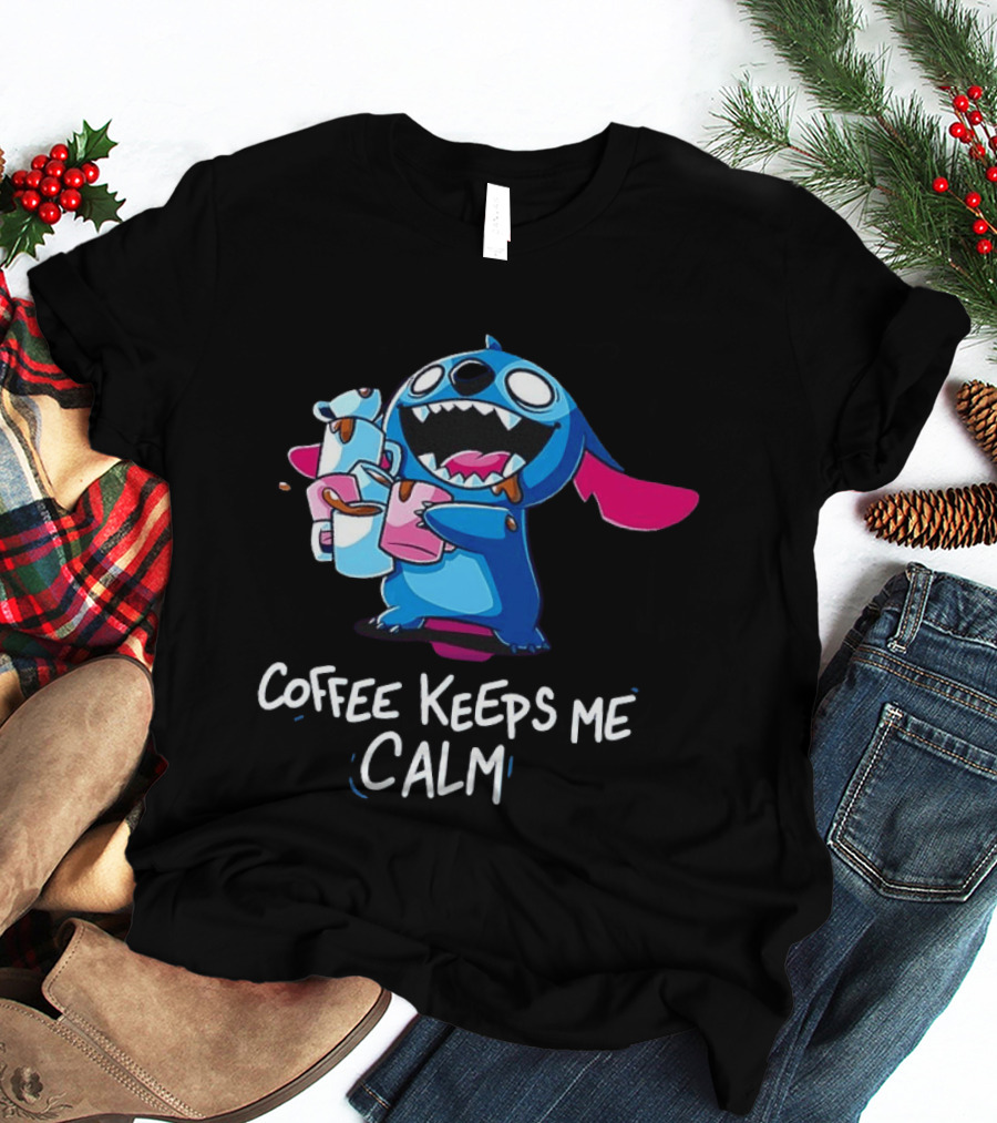 Stitch Coffee Keeps Me Calm Cute Character Drinking Coffee T-Shirt