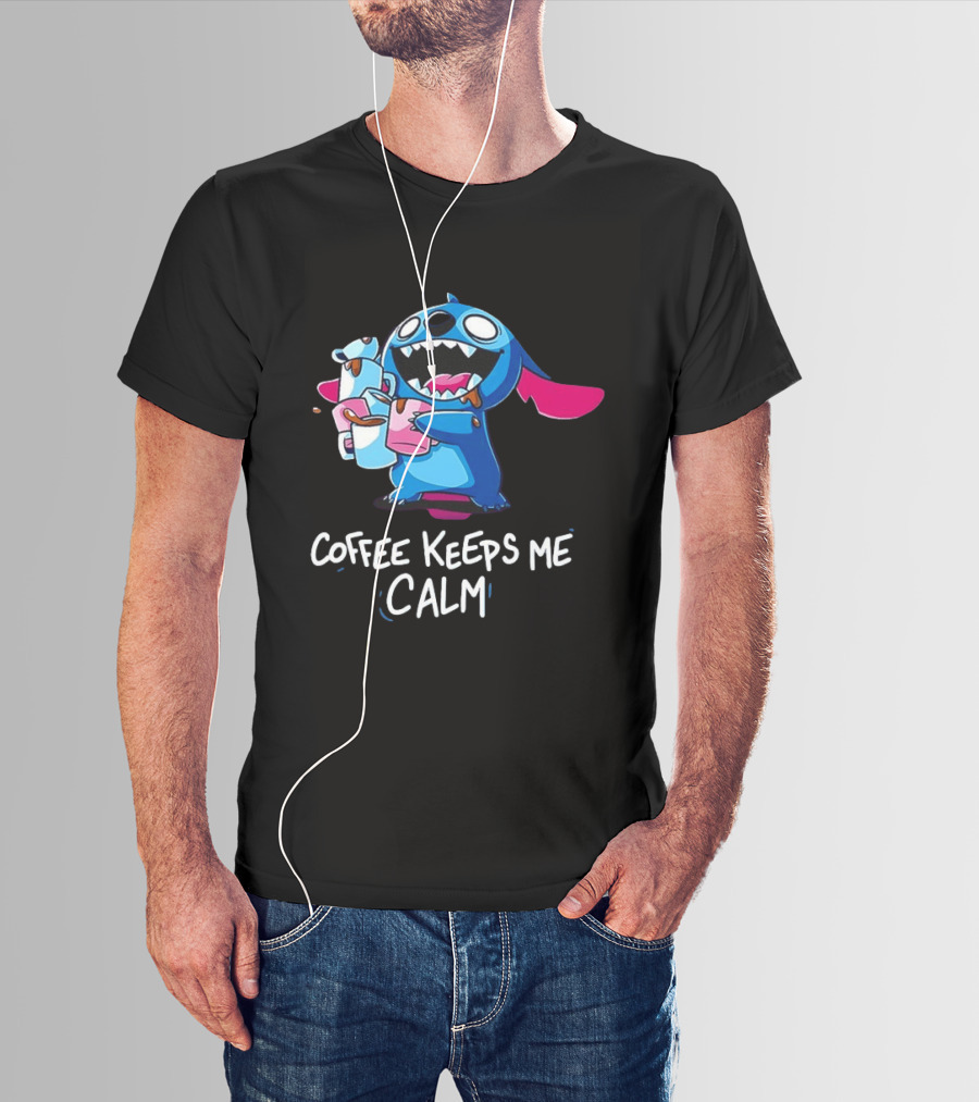 Stitch Coffee Keeps Me Calm Cute Character Drinking Coffee T-Shirt
