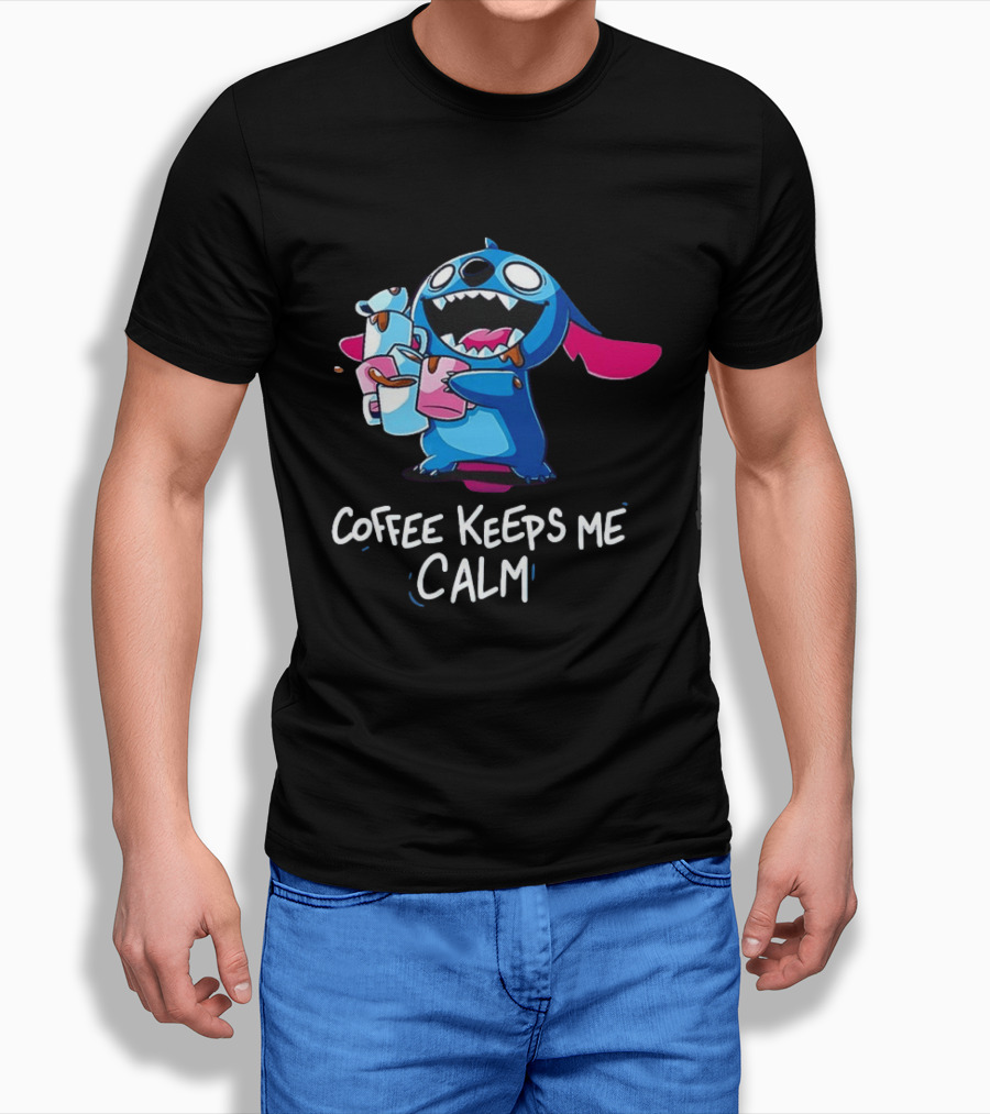 Stitch Coffee Keeps Me Calm Cute Character Drinking Coffee T-Shirt