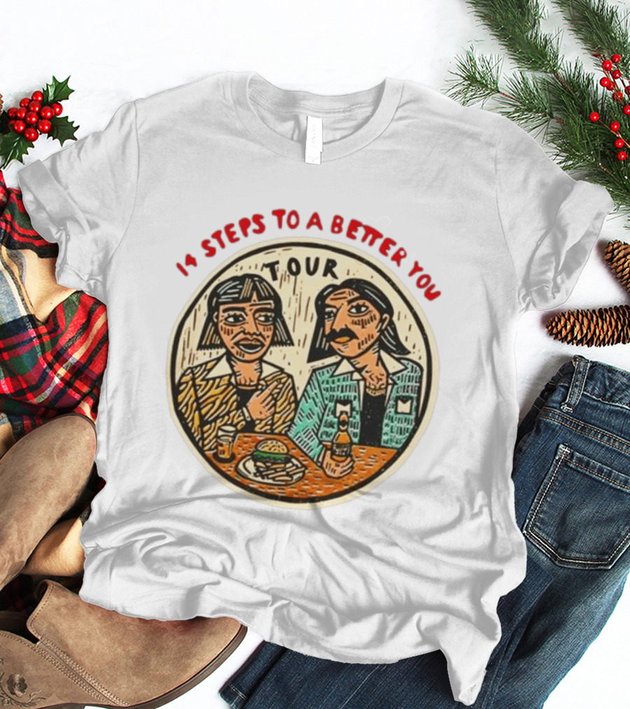 14 Steps To A Better You Tour Oval Illustration With Two Seated Individuals T-Shirt
