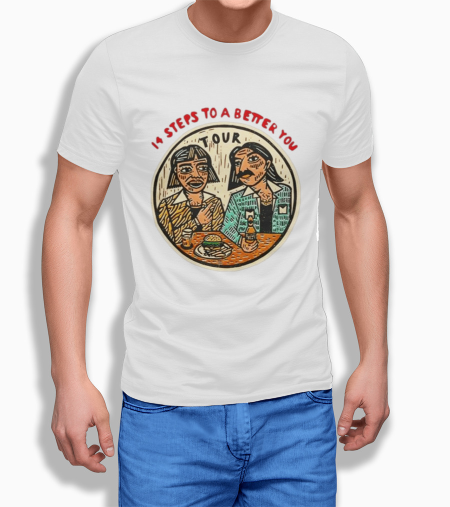 14 Steps To A Better You Tour Oval Illustration With Two Seated Individuals T-Shirt