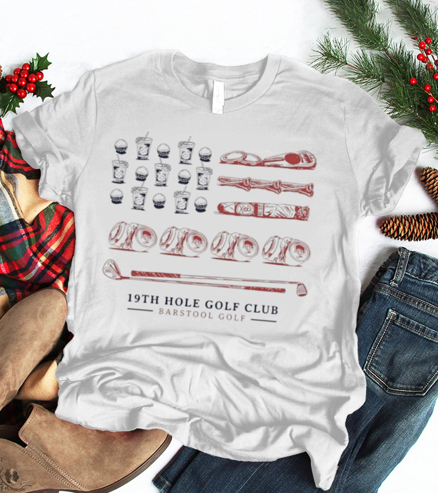 19th Hole Golf Club American Flag Bartool Golf T-Shirt