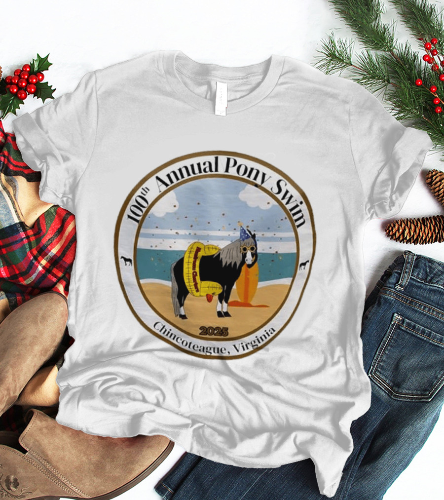 100th Annual Pony Swim Chincoteague Virginia 2025 Beach Scene With Pony And Surfboard T-Shirt