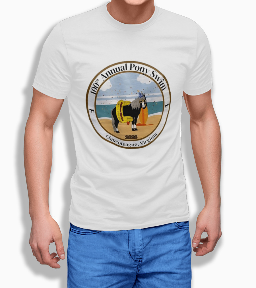 100th Annual Pony Swim Chincoteague Virginia 2025 Beach Scene With Pony And Surfboard T-Shirt