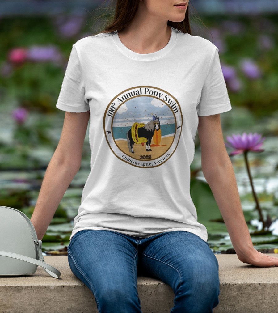 100th Annual Pony Swim Chincoteague Virginia 2025 Beach Scene With Pony And Surfboard T-Shirt