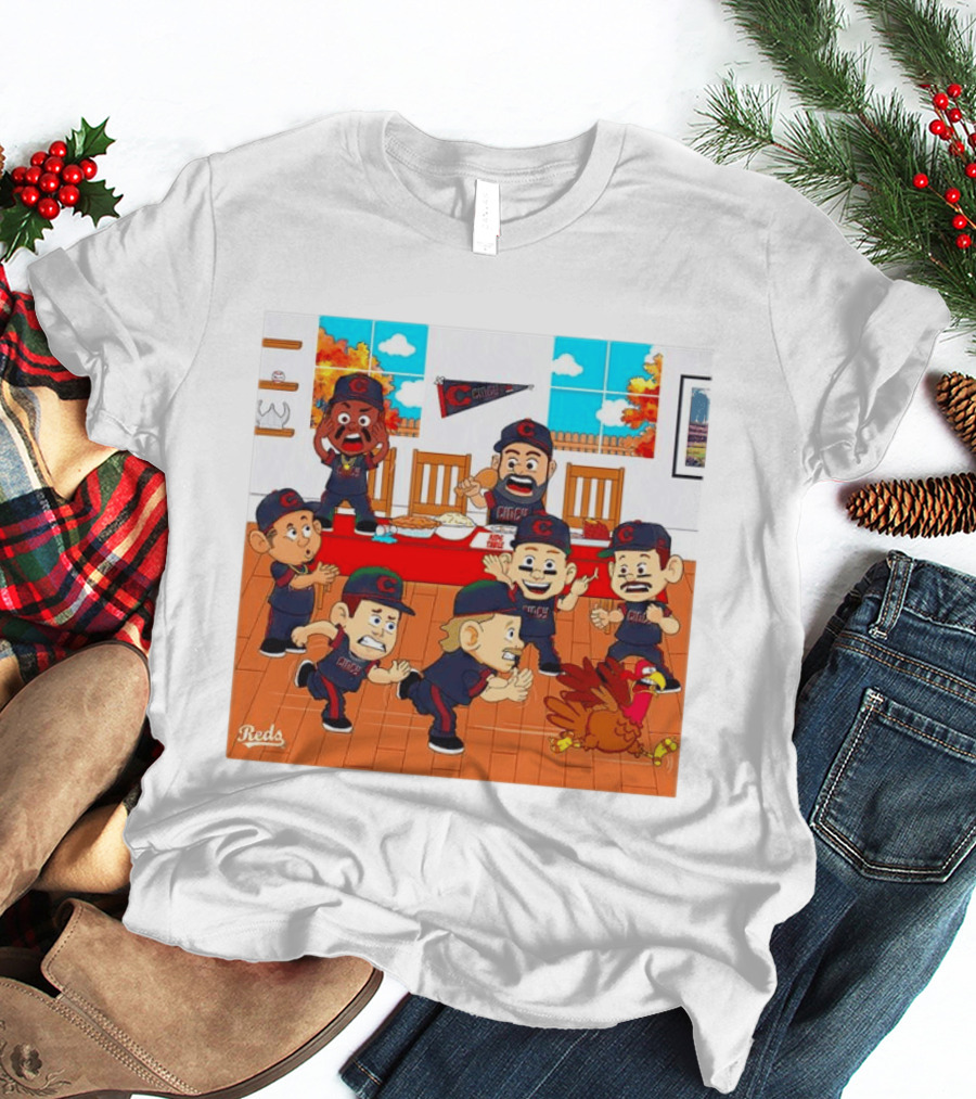 Cincinnati Reds Thanksgiving Chaos Cartoon Scene With Characters And Turkey T-Shirt