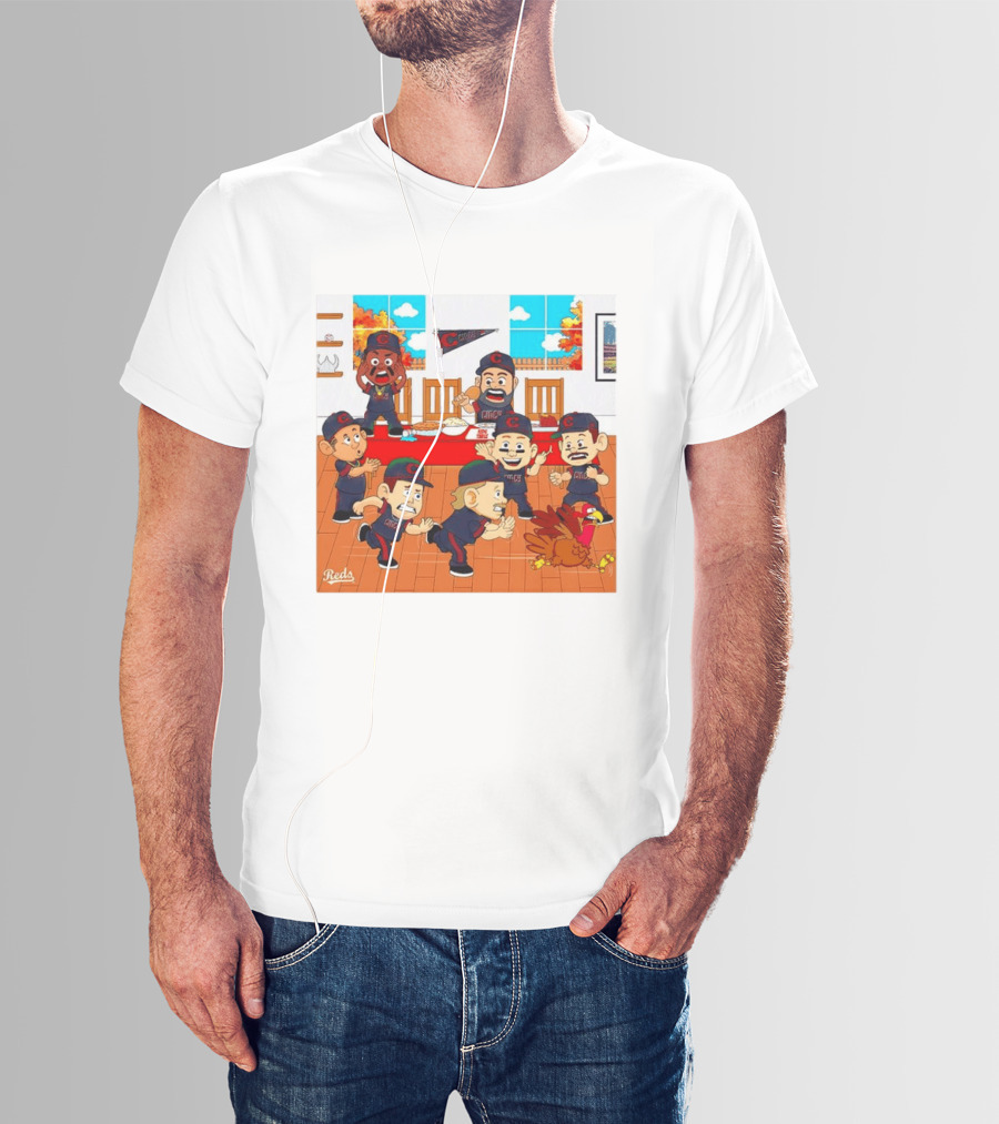 Cincinnati Reds Thanksgiving Chaos Cartoon Scene With Characters And Turkey T-Shirt