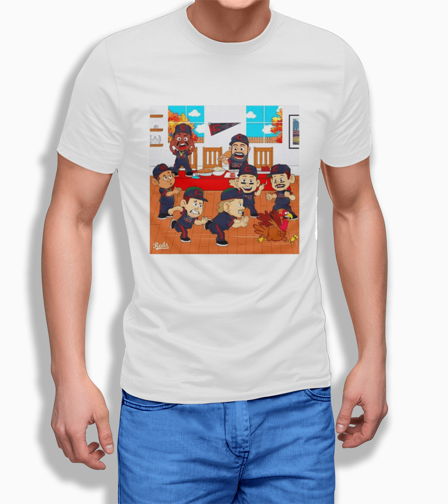 Cincinnati Reds Thanksgiving Chaos Cartoon Scene With Characters And Turkey T-Shirt