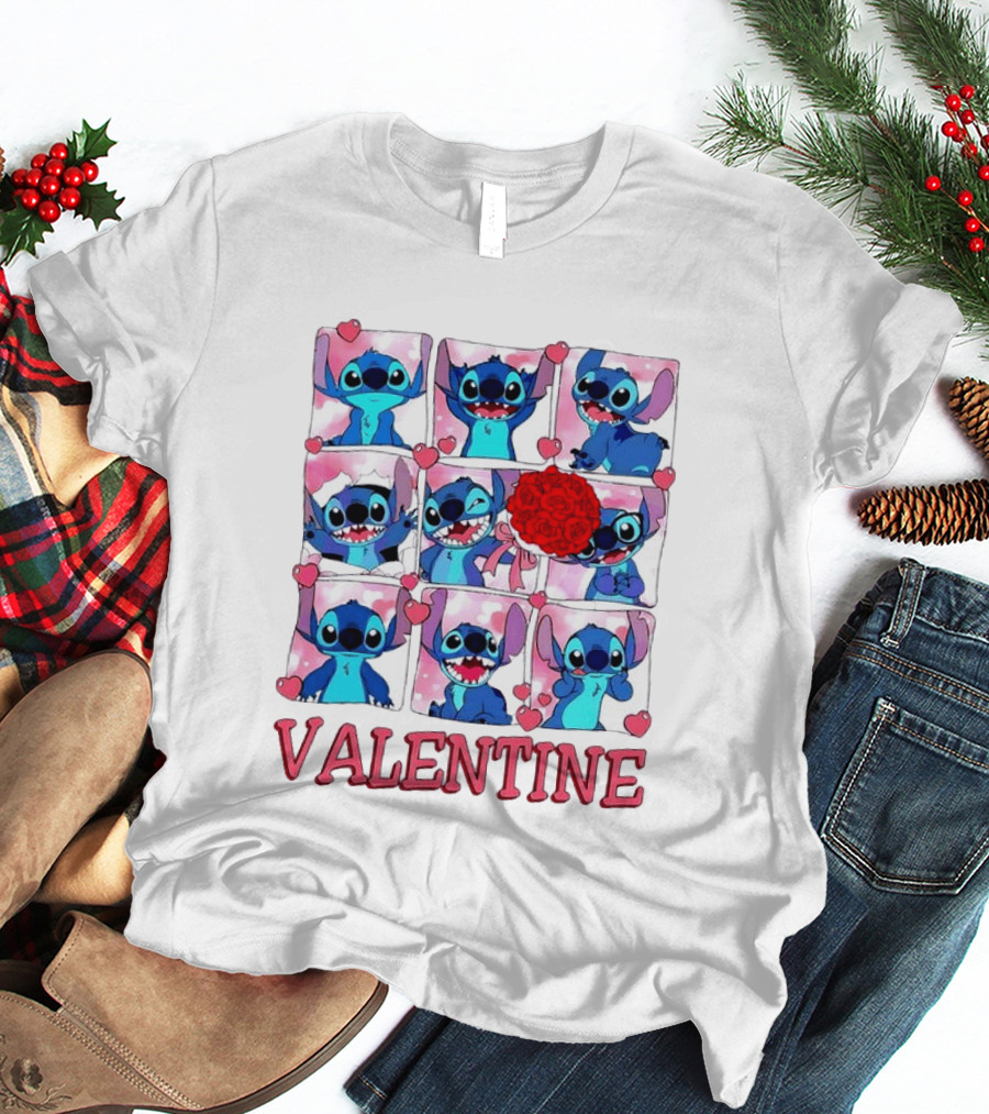 Disney Stitch Rose Flowers Valentine Love Hearts Happy Day T-Shirt