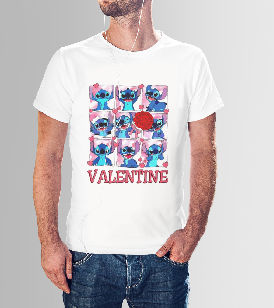 Disney Stitch Rose Flowers Valentine Love Hearts Happy Day T-Shirt