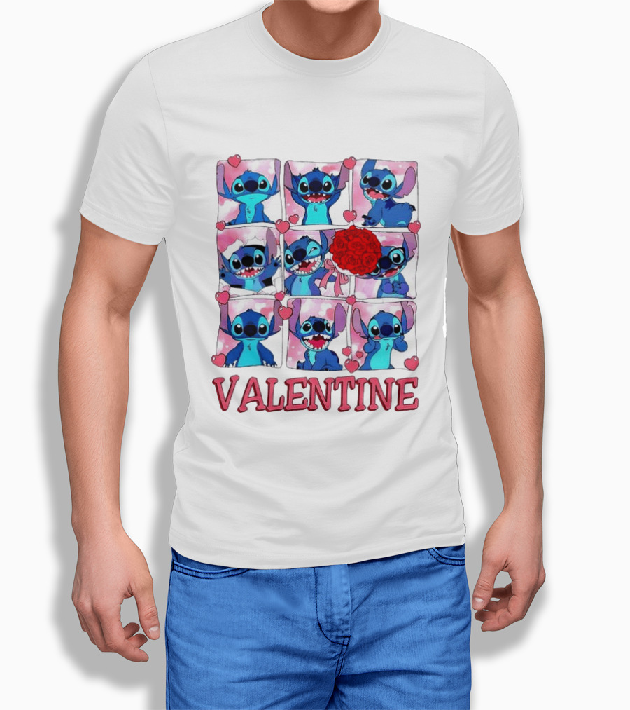 Disney Stitch Rose Flowers Valentine Love Hearts Happy Day T-Shirt
