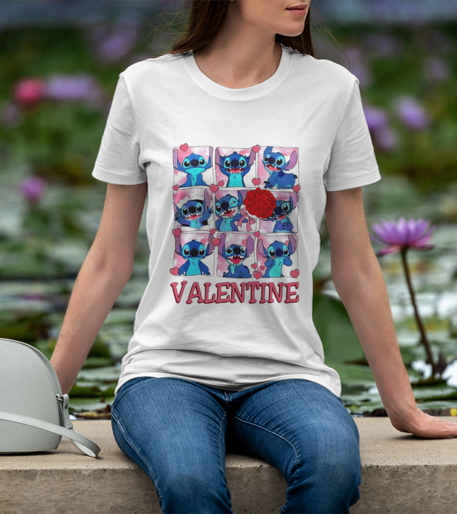 Disney Stitch Rose Flowers Valentine Love Hearts Happy Day T-Shirt