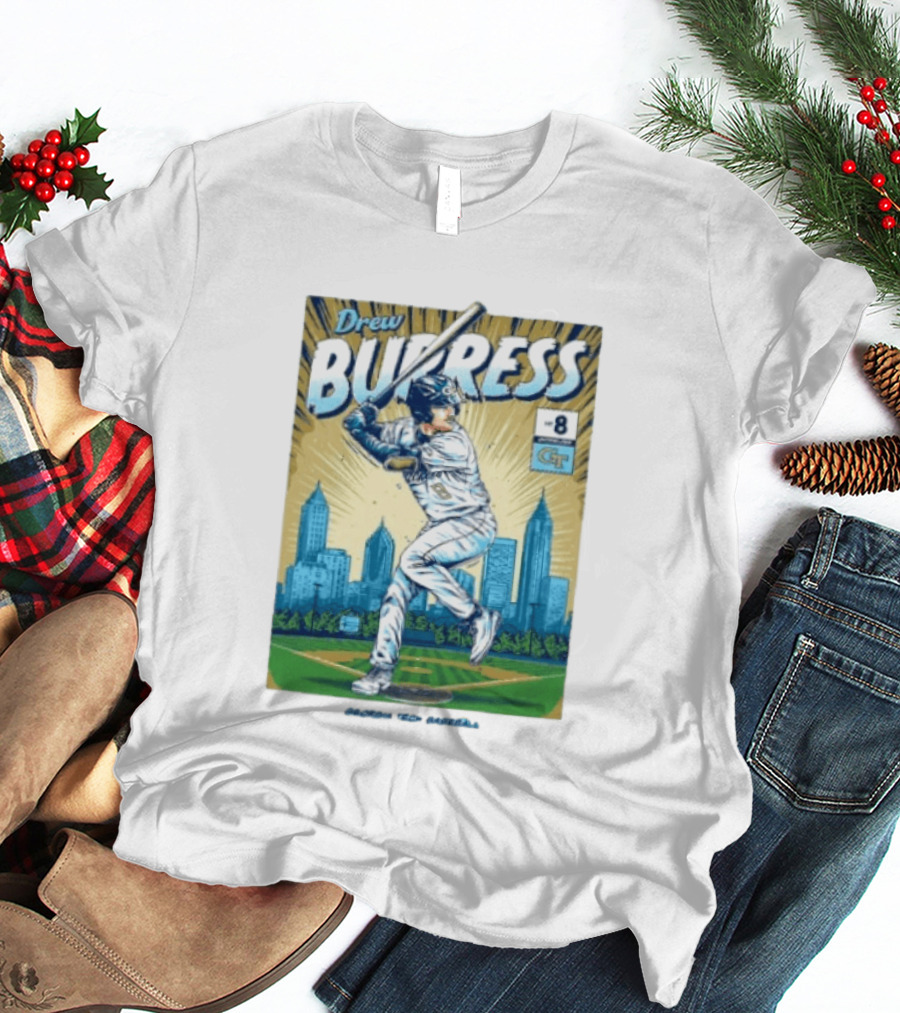 Drew Burress #8 Georgia Tech Baseball Comic Style Retro Cityscape T-Shirt