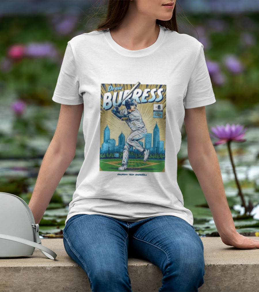 Drew Burress #8 Georgia Tech Baseball Comic Style Retro Cityscape T-Shirt
