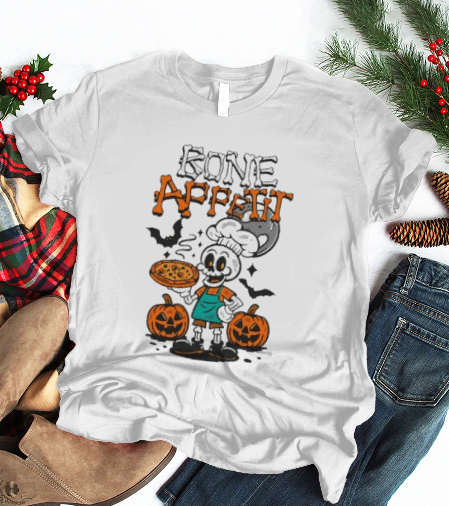Bone Appetit Skeleton Chef Halloween Pizza Pumpkin Bats T-Shirt
