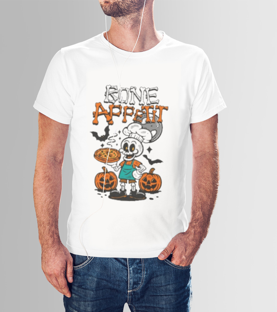 Bone Appetit Skeleton Chef Halloween Pizza Pumpkin Bats T-Shirt