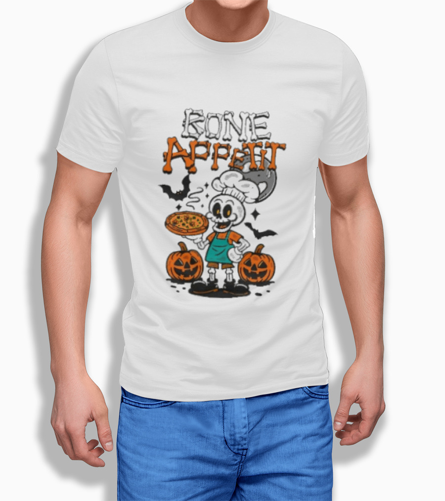 Bone Appetit Skeleton Chef Halloween Pizza Pumpkin Bats T-Shirt