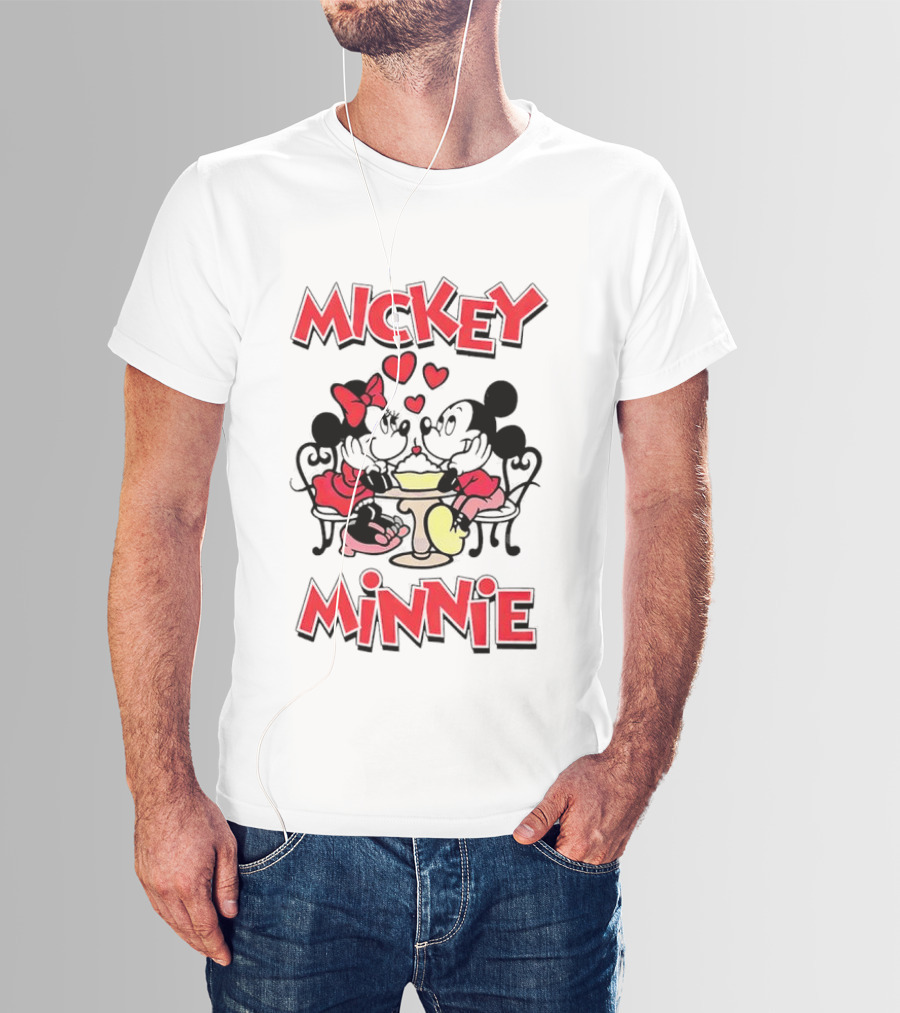 Mickey Minnie Romantic Valentine's Day Hearts And Cafe Scene T-Shirt