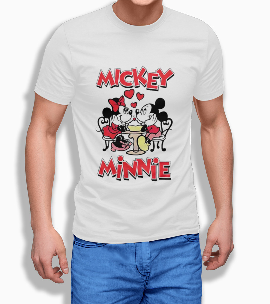 Mickey Minnie Romantic Valentine's Day Hearts And Cafe Scene T-Shirt