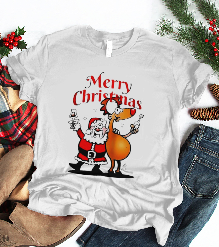 Merry Christmas Santa Claus And Reindeer Toast With Drinks T-Shirt