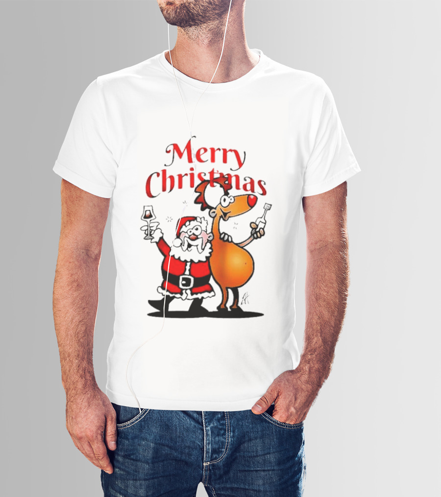 Merry Christmas Santa Claus And Reindeer Toast With Drinks T-Shirt