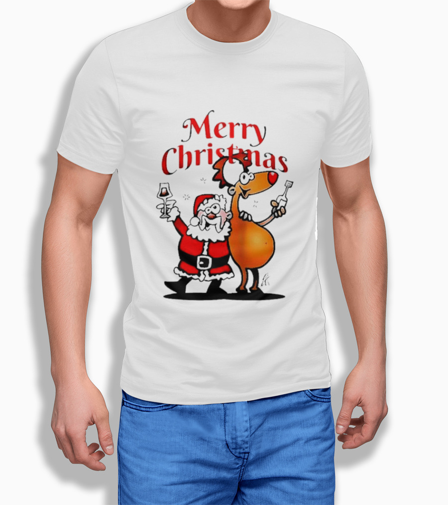 Merry Christmas Santa Claus And Reindeer Toast With Drinks T-Shirt