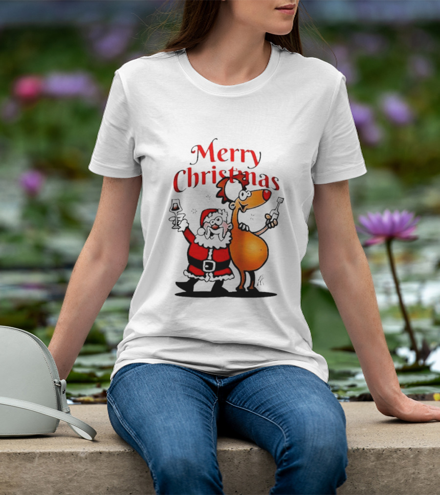Merry Christmas Santa Claus And Reindeer Toast With Drinks T-Shirt
