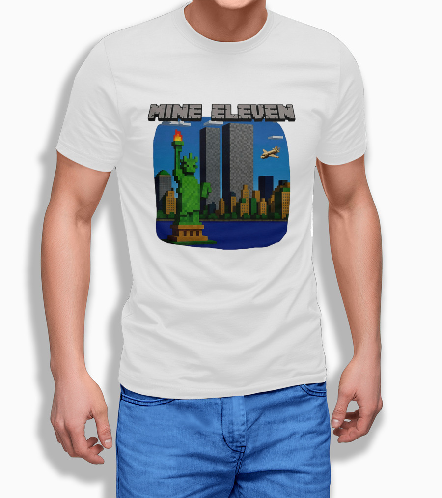 Mine Eleven Pixel City Statue Vector World Twin Towers Scene T-Shirt