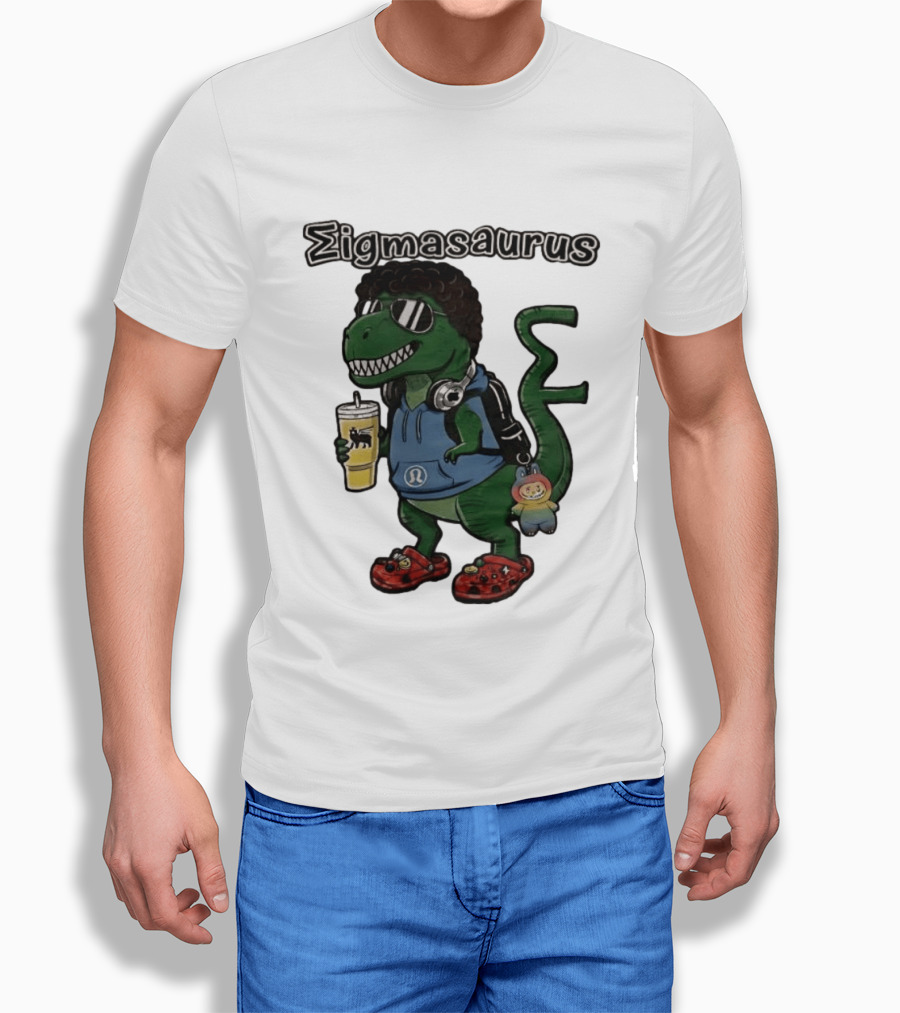 Sigmasaurus Rex Dinosaur Meme With Afro Sunglasses Headphones And Drink T-Shirt