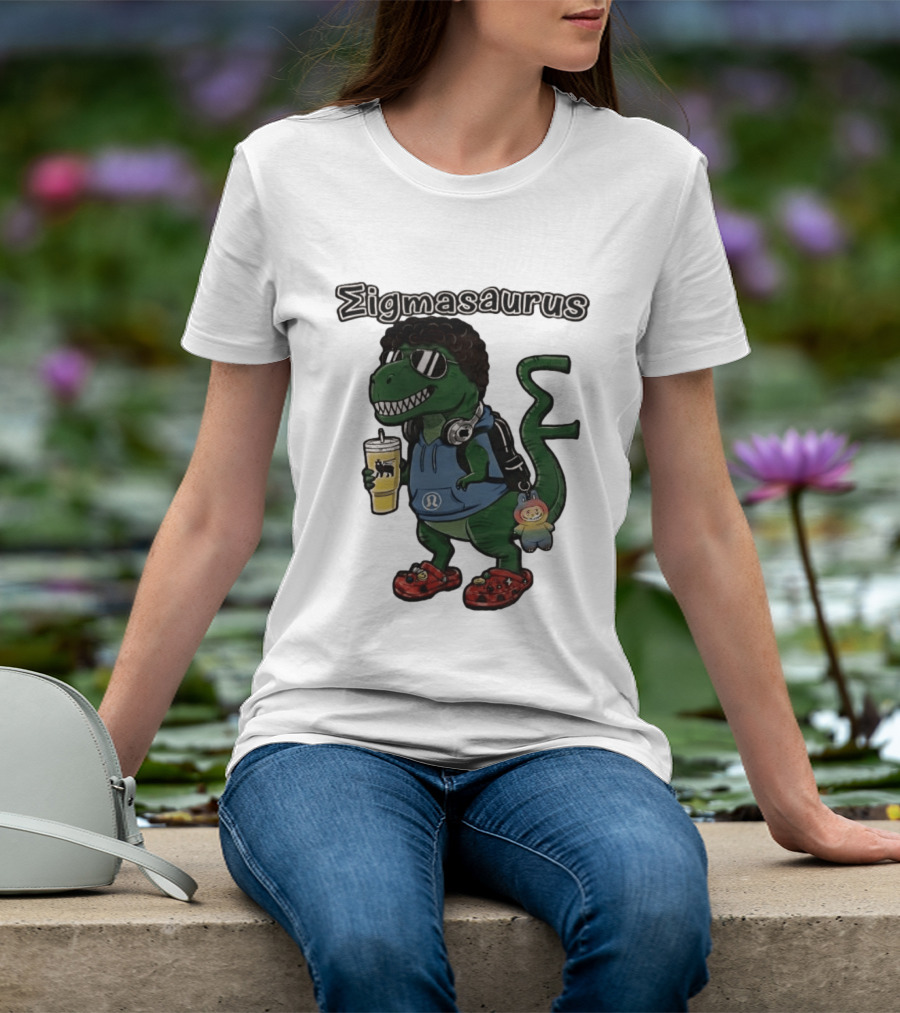 Sigmasaurus Rex Dinosaur Meme With Afro Sunglasses Headphones And Drink T-Shirt