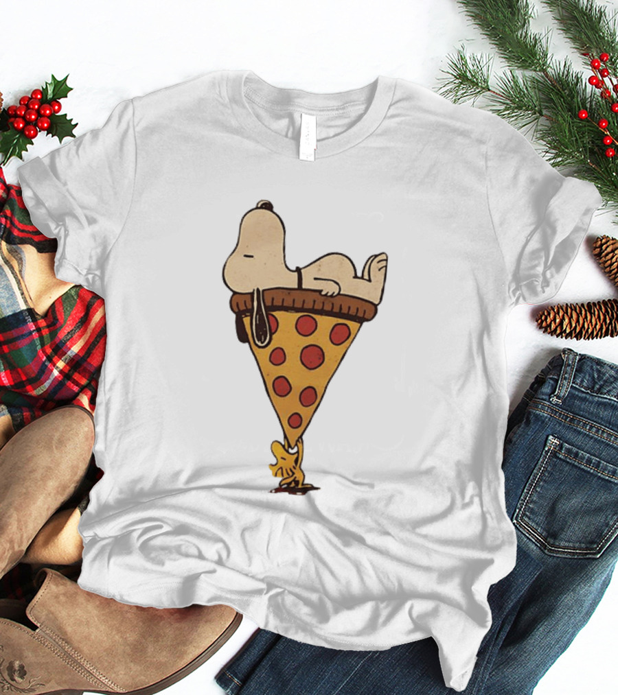 Snoopy Relaxing On Giant Pizza Slice With Woodstock Peanuts Collection T-Shirt