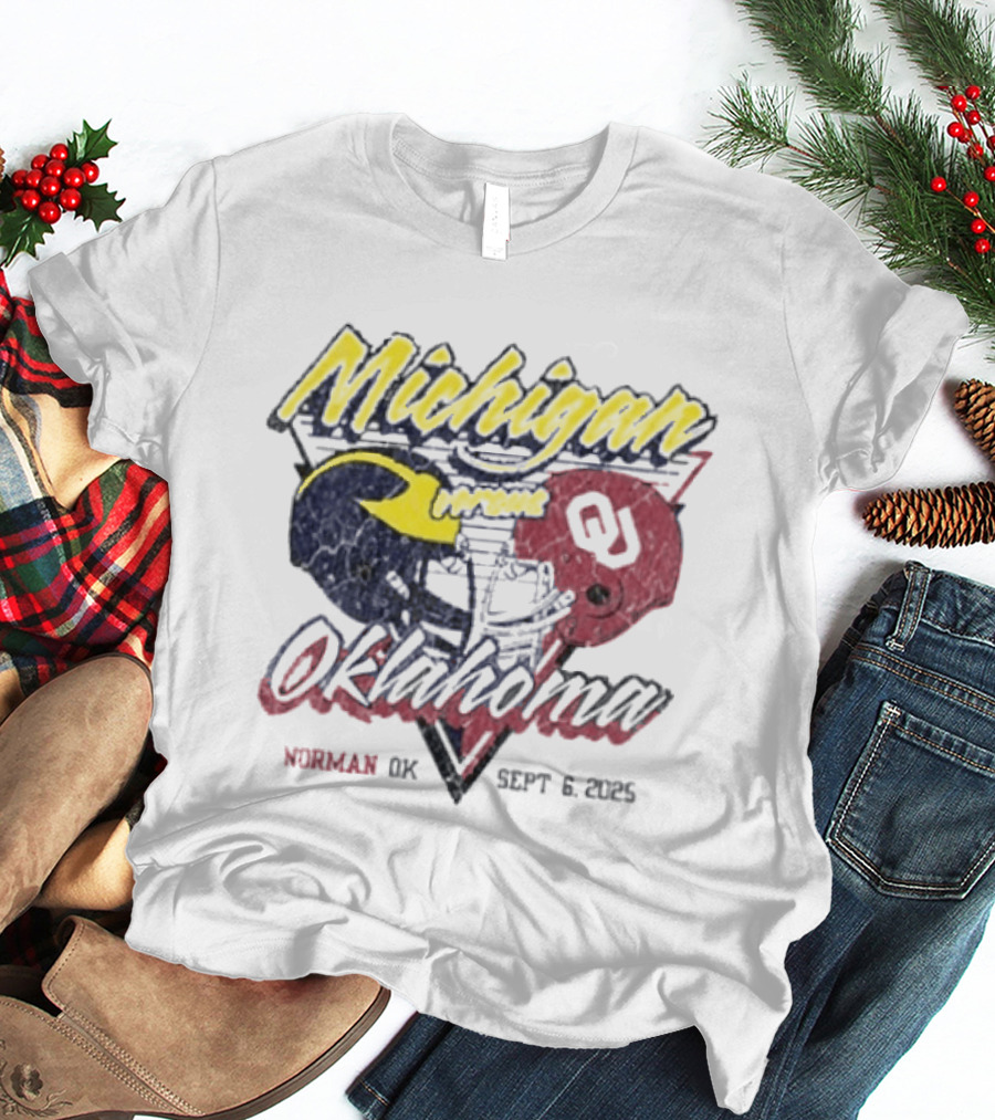 Oklahoma Sooners Vs Michigan Wolverines Football Helmet Norman OK September 6 2025 T-Shirt