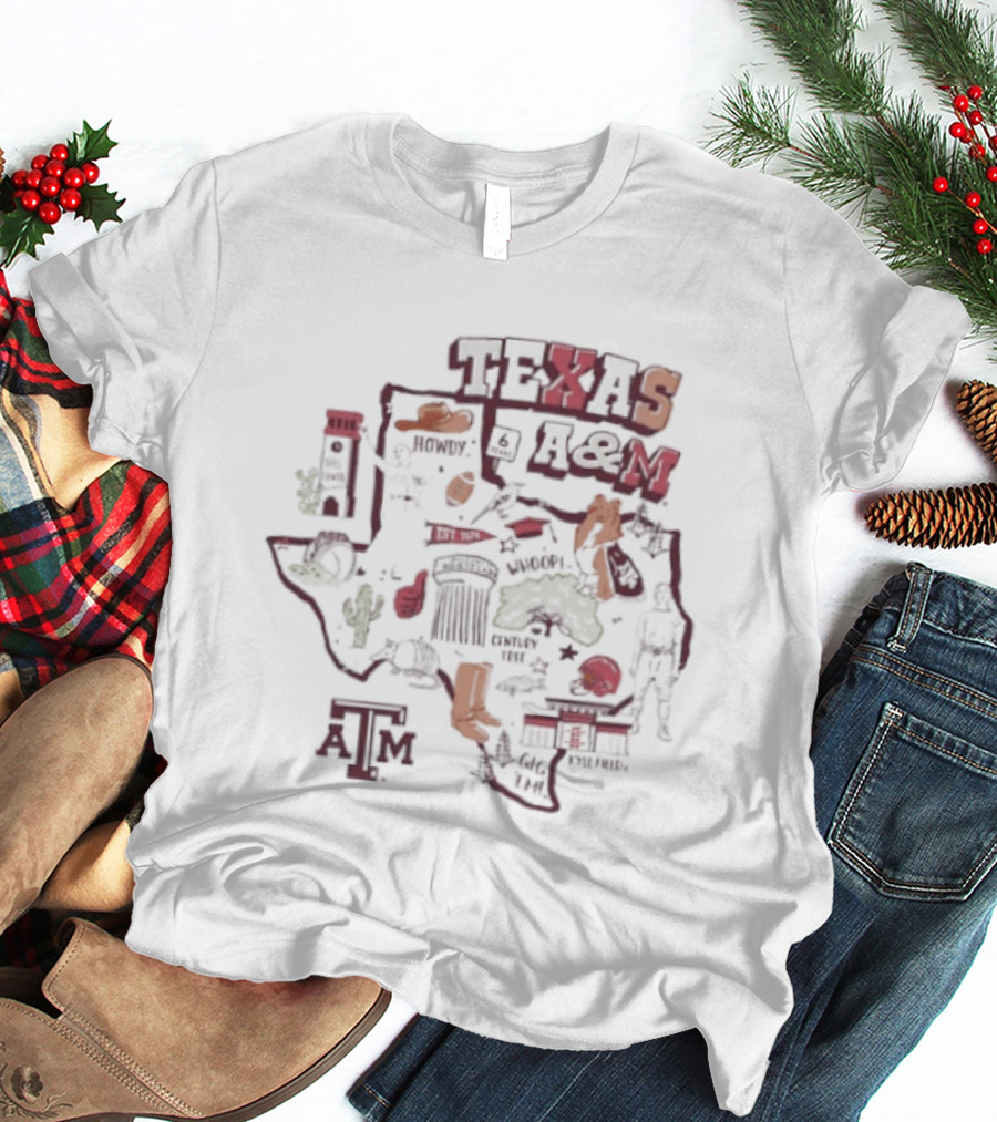 Texas A&M Aggies Map With Iconic Symbols And Landmarks T-Shirt
