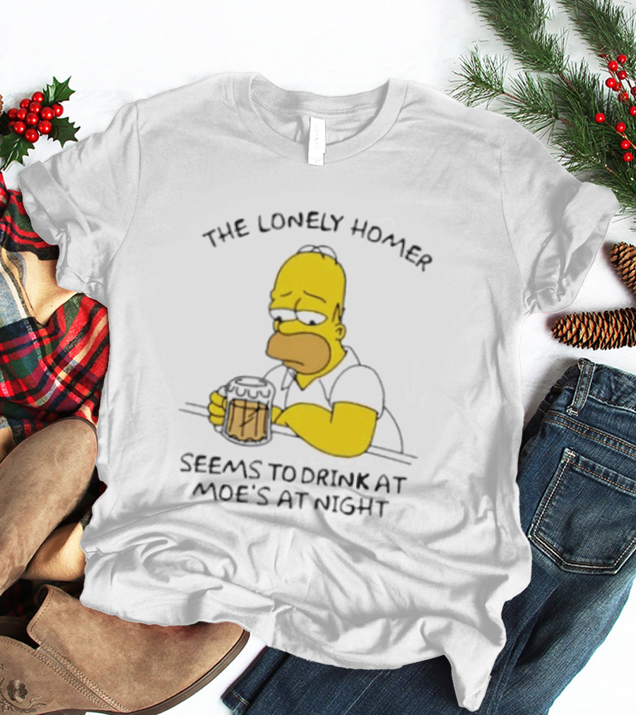 The Lonely Homer Drinking At Moe's Tavern Mood Nighttime Scene T-Shirt