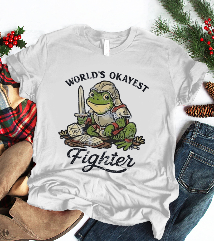 World's Okayest Fighter Frog In Armor With D20 Dice And Sword T-Shirt