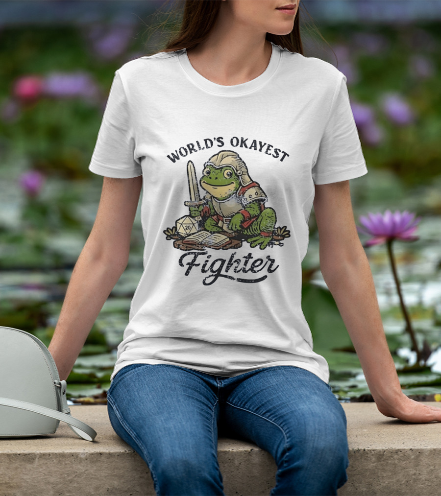 World's Okayest Fighter Frog In Armor With D20 Dice And Sword T-Shirt