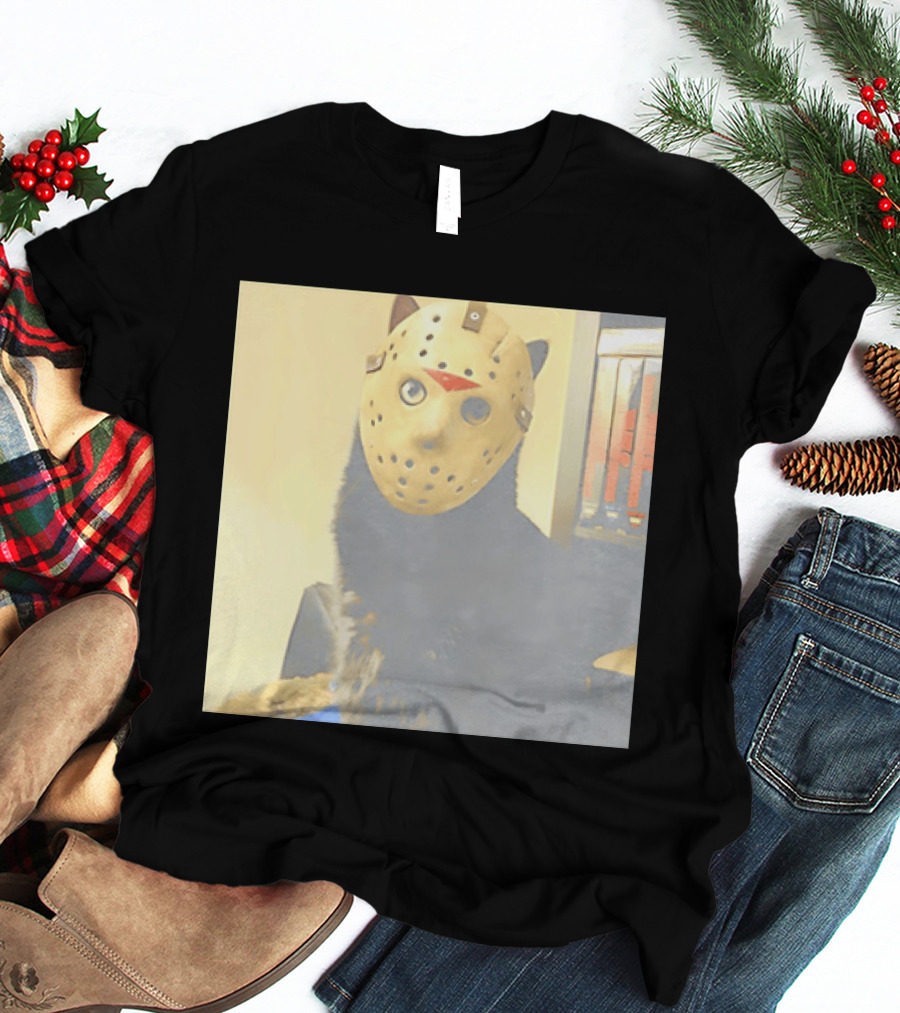 Black Cat In Horror Movie Jason Voorhees Mask T-Shirt