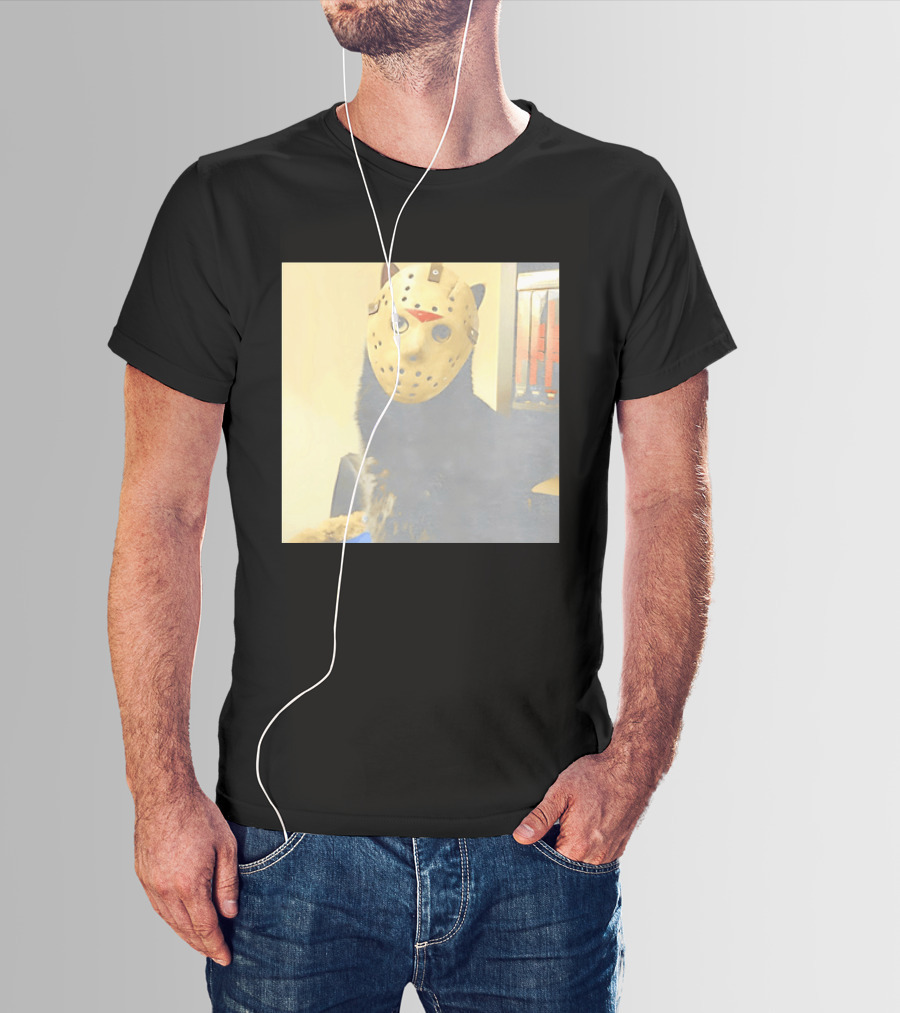 Black Cat In Horror Movie Jason Voorhees Mask T-Shirt