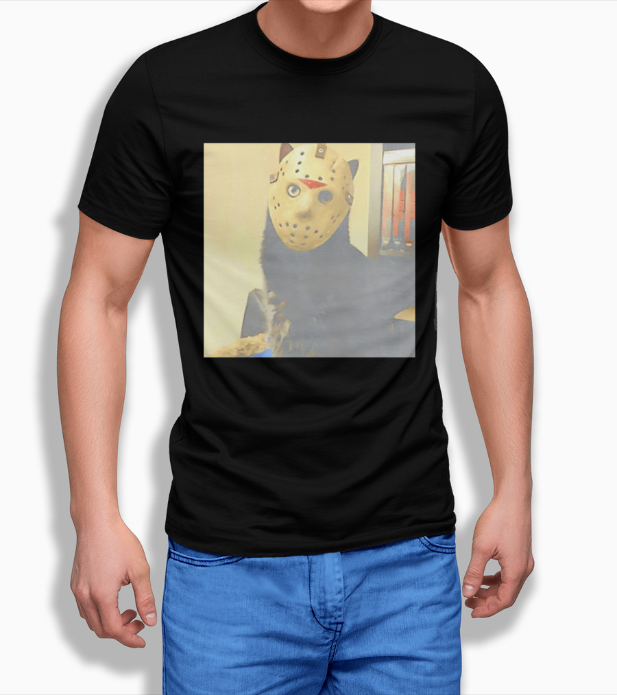 Black Cat In Horror Movie Jason Voorhees Mask T-Shirt