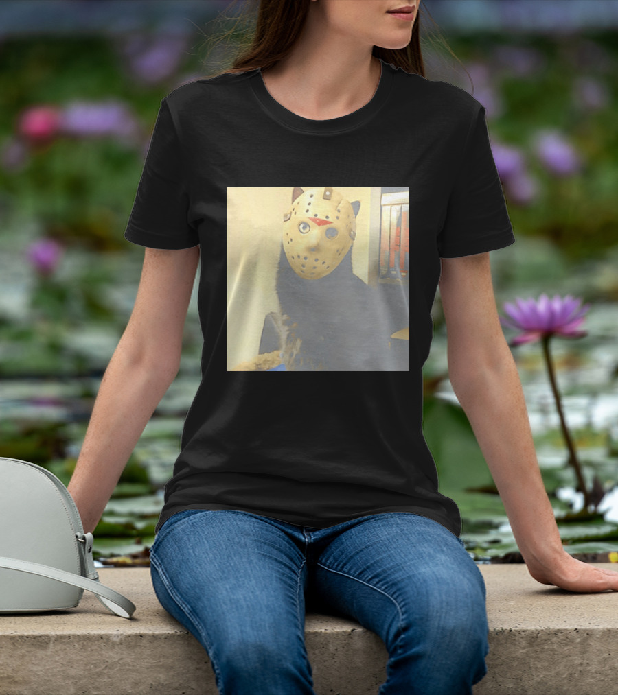 Black Cat In Horror Movie Jason Voorhees Mask T-Shirt