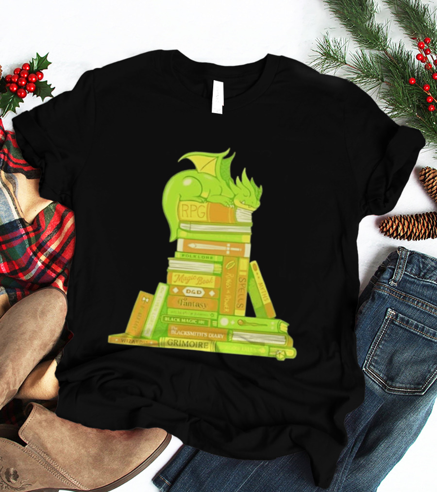 Sleeping Dragon On RPG Fantasy Magic Book Stack Grimoire Wizardry Tales T-Shirt