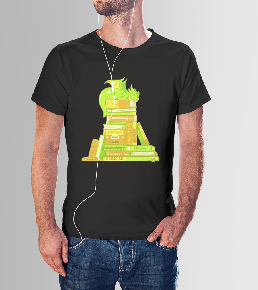 Sleeping Dragon On RPG Fantasy Magic Book Stack Grimoire Wizardry Tales T-Shirt