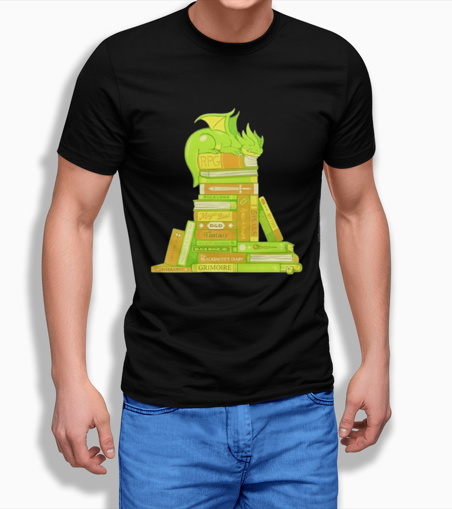 Sleeping Dragon On RPG Fantasy Magic Book Stack Grimoire Wizardry Tales T-Shirt