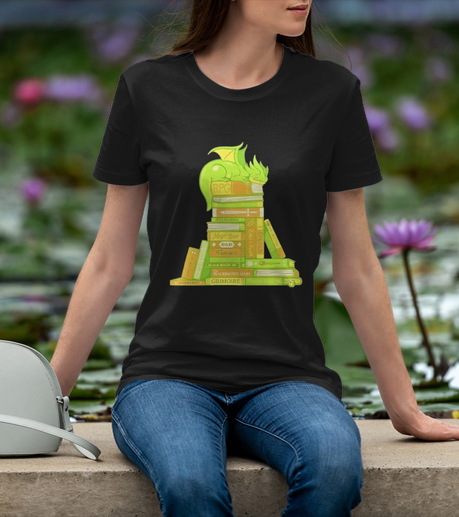 Sleeping Dragon On RPG Fantasy Magic Book Stack Grimoire Wizardry Tales T-Shirt