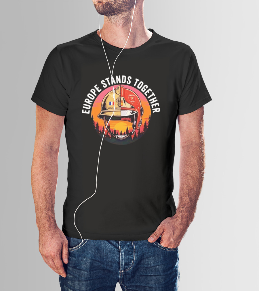 Europe Stands Together Sapeurs Pompiers Bomberos Espana Firefighter Helmet Forest Sunset T-Shirt