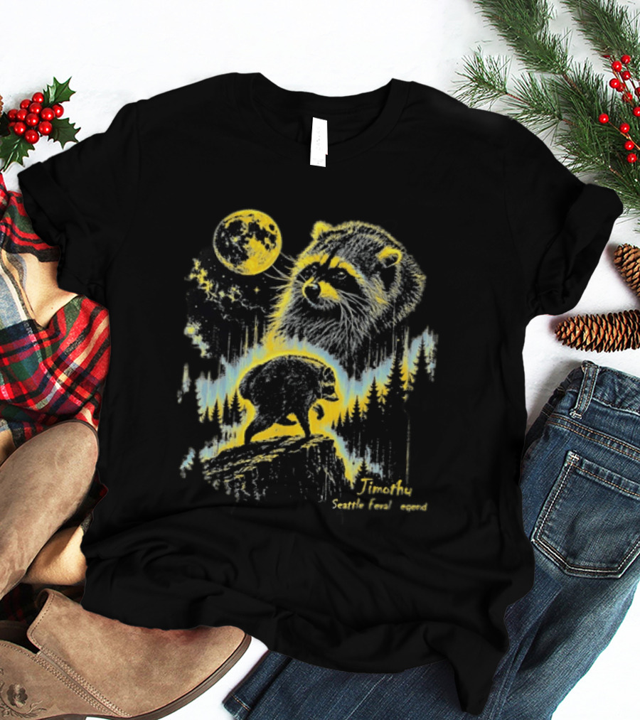 Timothy Seattle Feral Legend Raccoon Wildlife Moon Night Scene T-Shirt
