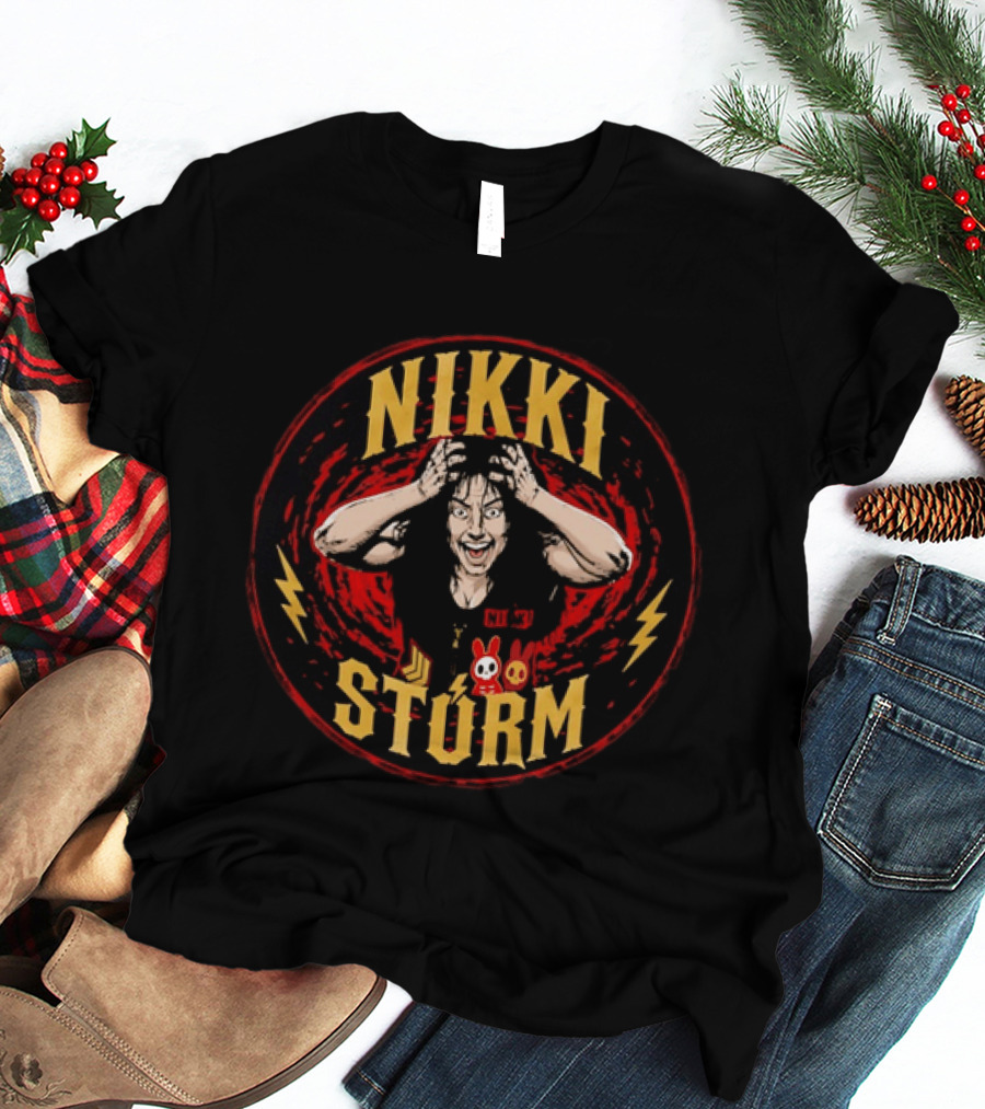 Nikki Stürm Wrestling Character With Lightning Bolts And Red Spiral T-Shirt